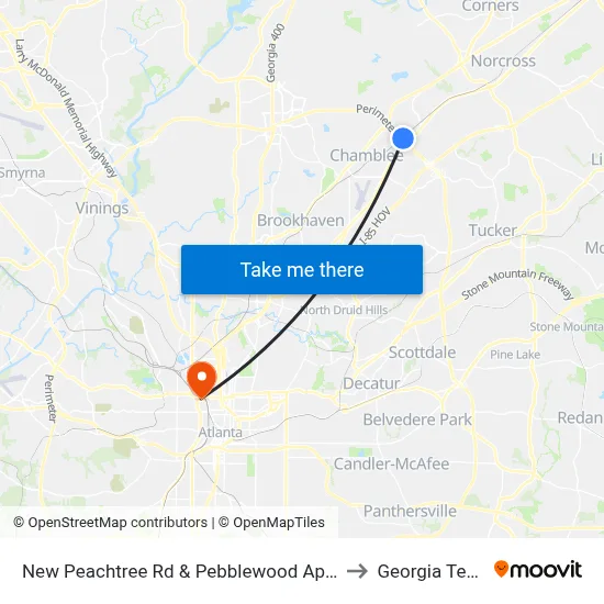 New Peachtree Rd & Pebblewood Apts to Georgia Tech map