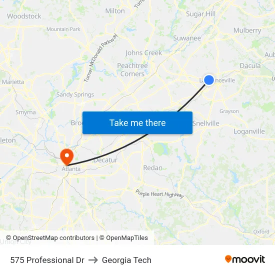 575 Professional Dr to Georgia Tech map