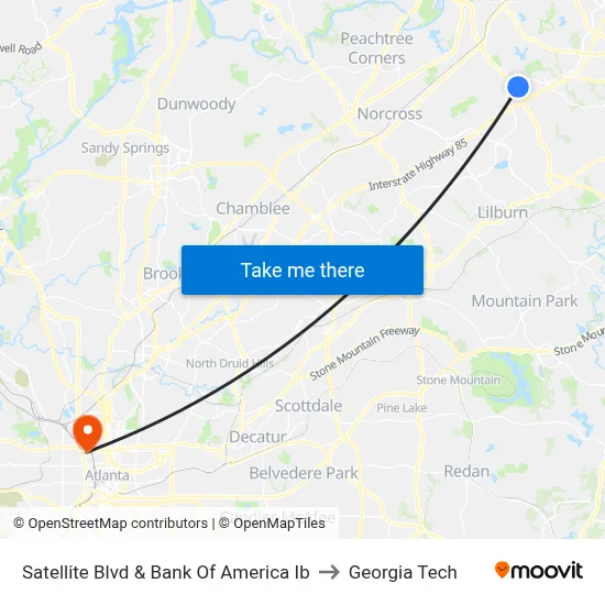 Satellite Blvd & Bank Of America Ib to Georgia Tech map