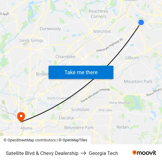 Satellite Blvd & Chevy Dealership to Georgia Tech map