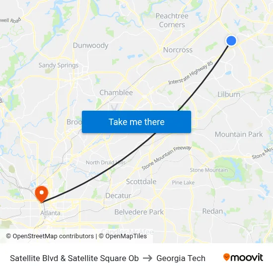 Satellite Blvd & Satellite Square Ob to Georgia Tech map