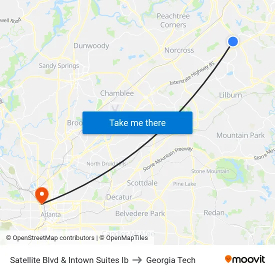 Satellite Blvd & Intown Suites Ib to Georgia Tech map