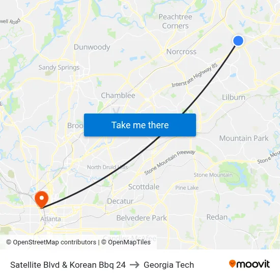 Satellite Blvd & Korean Bbq 24 to Georgia Tech map