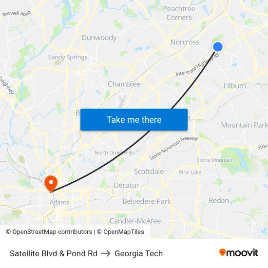 Satellite Blvd & Pond Rd to Georgia Tech map