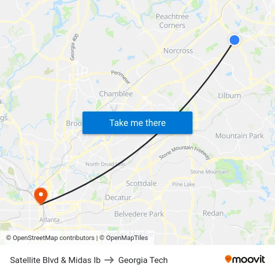Satellite Blvd & Midas Ib to Georgia Tech map