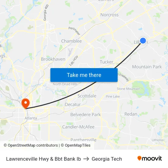 Lawrenceville Hwy & Bbt Bank Ib to Georgia Tech map
