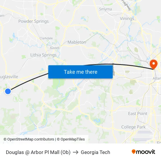 Douglas @ Arbor Pl Mall (Ob) to Georgia Tech map