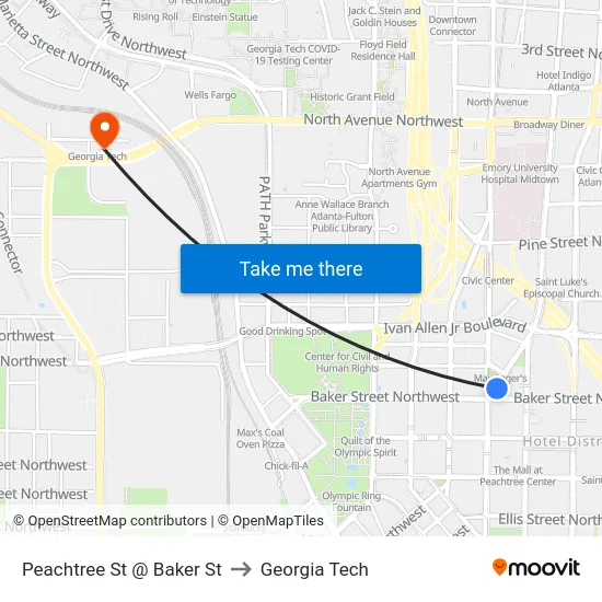 Peachtree St @ Baker St to Georgia Tech map