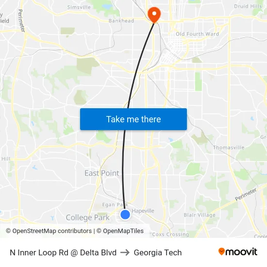 N Inner Loop Rd @ Delta Blvd to Georgia Tech map