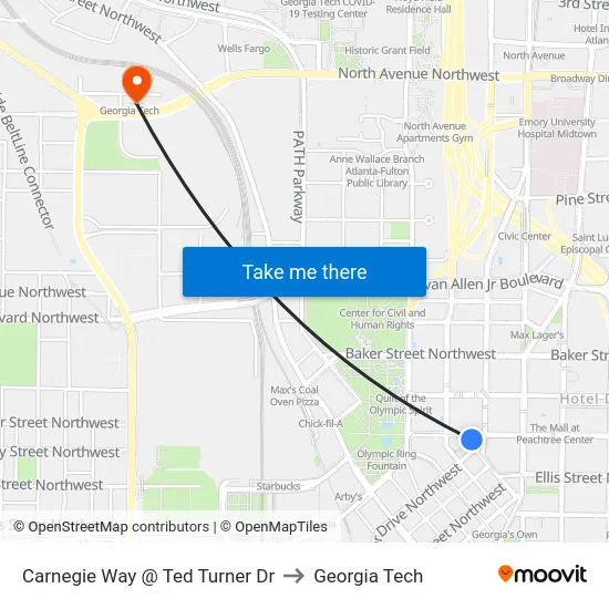 Carnegie Way @ Ted Turner Dr to Georgia Tech map