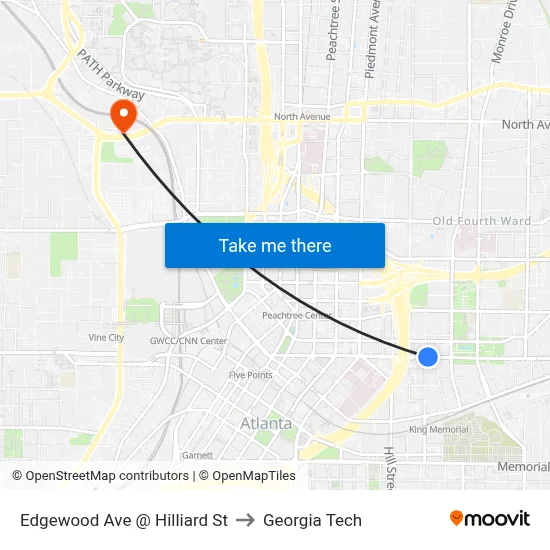 Edgewood Ave @ Hilliard St to Georgia Tech map