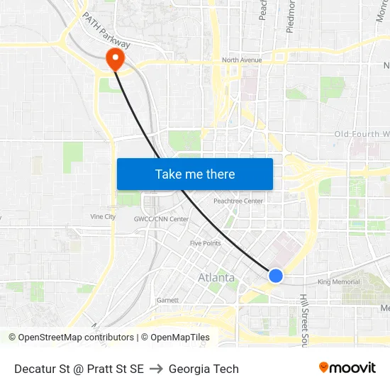Decatur St @ Pratt St SE to Georgia Tech map