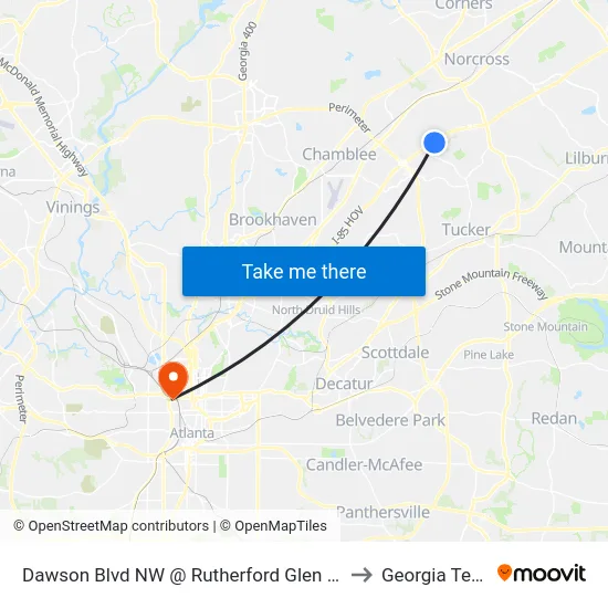 Dawson Blvd NW @ Rutherford Glen Cir to Georgia Tech map