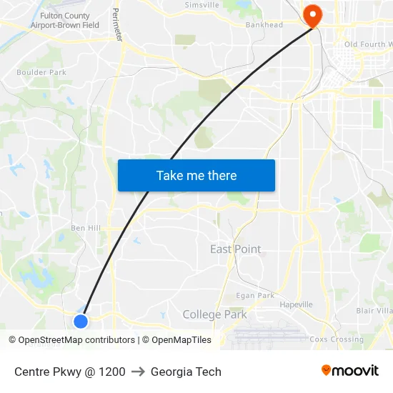 Centre Pkwy @ 1200 to Georgia Tech map