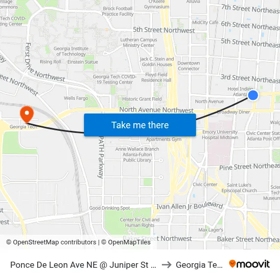 Ponce De Leon Ave NE @ Juniper St NE to Georgia Tech map