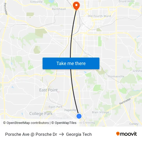 Porsche Ave @ Porsche Dr to Georgia Tech map