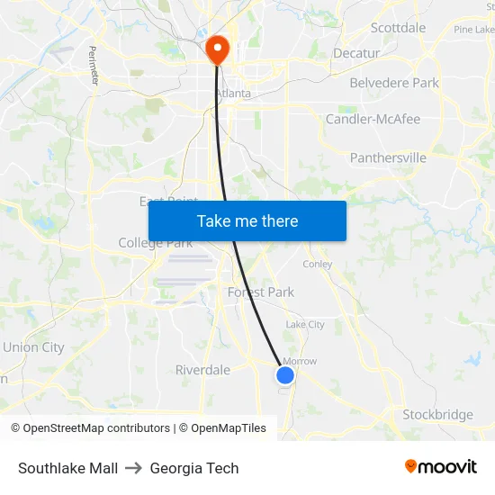 Southlake Mall to Georgia Tech map