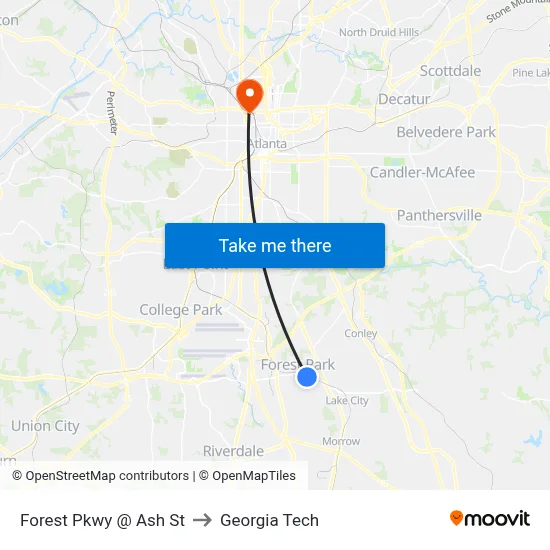 Forest Pkwy @ Ash St to Georgia Tech map