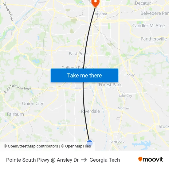 Pointe South Pkwy @ Ansley Dr to Georgia Tech map