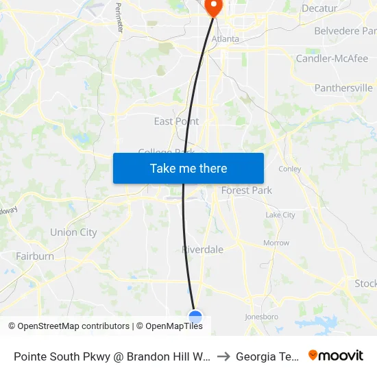 Pointe South Pkwy @ Brandon Hill Way to Georgia Tech map