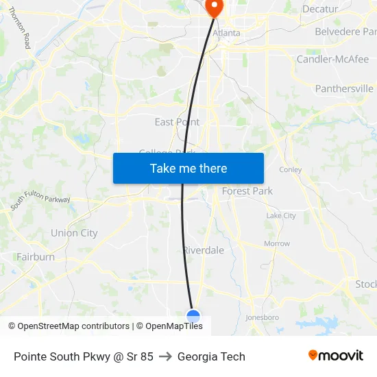 Pointe South Pkwy @ Sr 85 to Georgia Tech map
