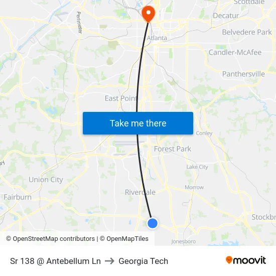 Sr 138 @ Antebellum Ln to Georgia Tech map