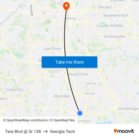 Tara Blvd @ Sr 138 to Georgia Tech map