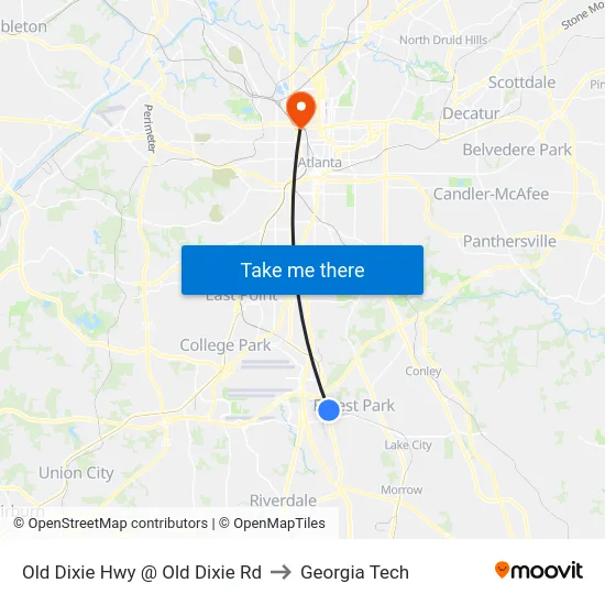 Old Dixie Hwy @ Old Dixie Rd to Georgia Tech map