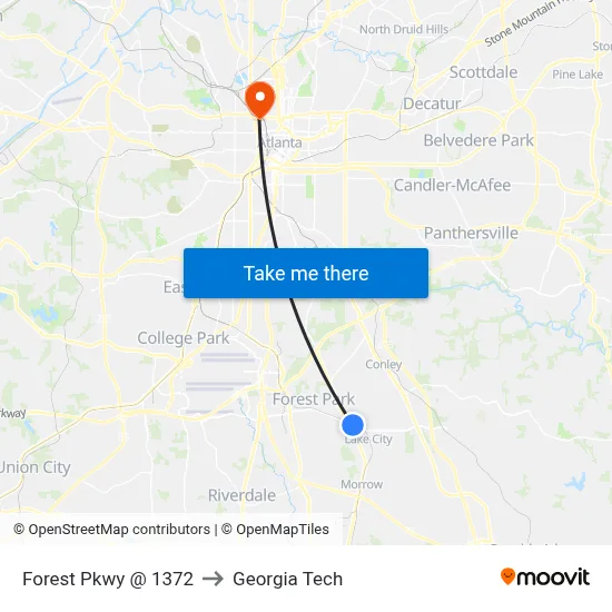 Forest Pkwy @ 1372 to Georgia Tech map