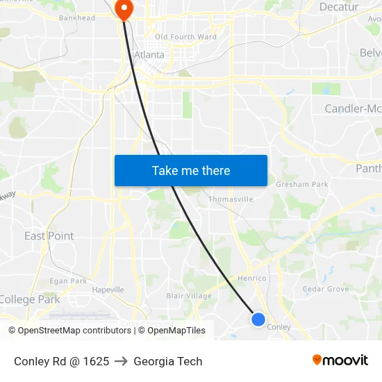 Conley Rd @ 1625 to Georgia Tech map