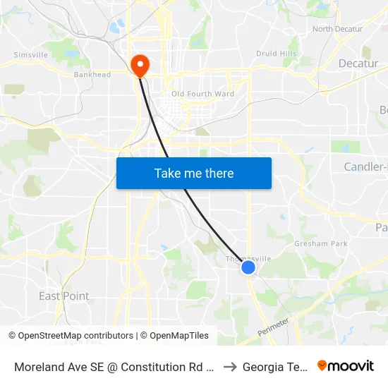 Moreland Ave SE @ Constitution Rd SE to Georgia Tech map
