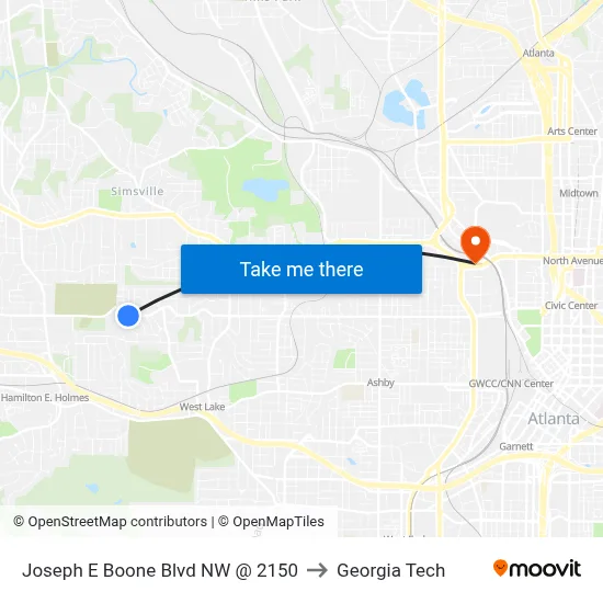 Joseph E Boone Blvd NW @ 2150 to Georgia Tech map