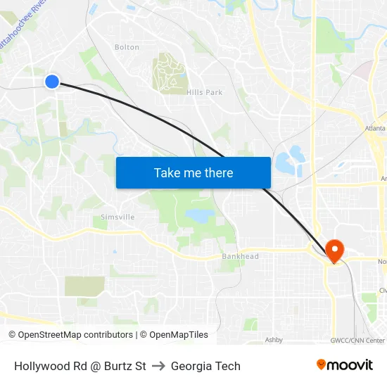 Hollywood Rd @ Burtz St to Georgia Tech map