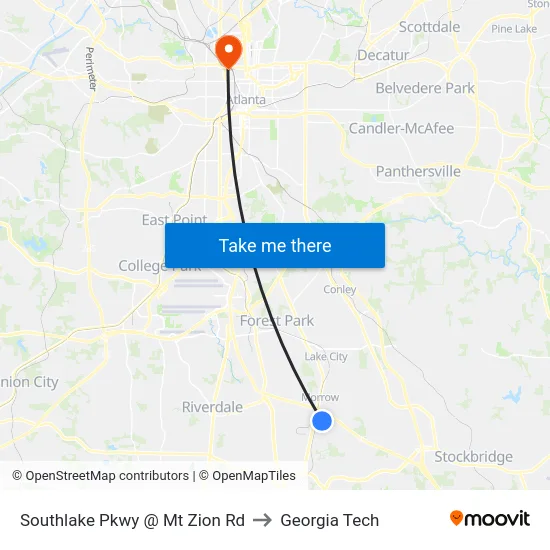 Southlake Pkwy @ Mt Zion Rd to Georgia Tech map