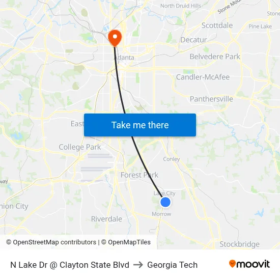 N Lake Dr @ Clayton State Blvd to Georgia Tech map
