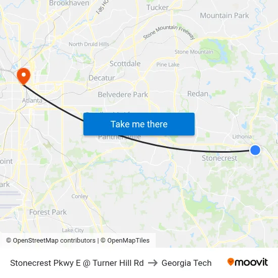 Stonecrest Pkwy E @ Turner Hill Rd to Georgia Tech map