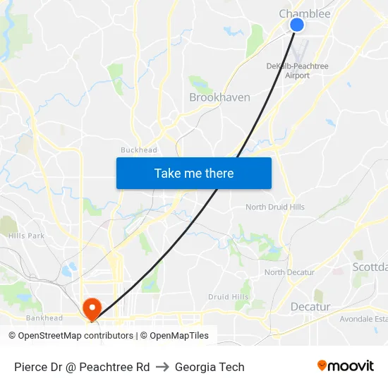 Pierce Dr @ Peachtree Rd to Georgia Tech map