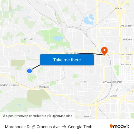 Morehouse Dr @ Croecus Ave to Georgia Tech map