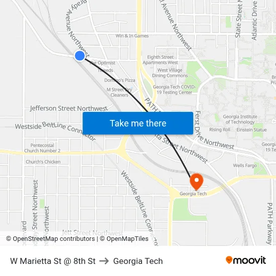 W Marietta St @ 8th St to Georgia Tech map