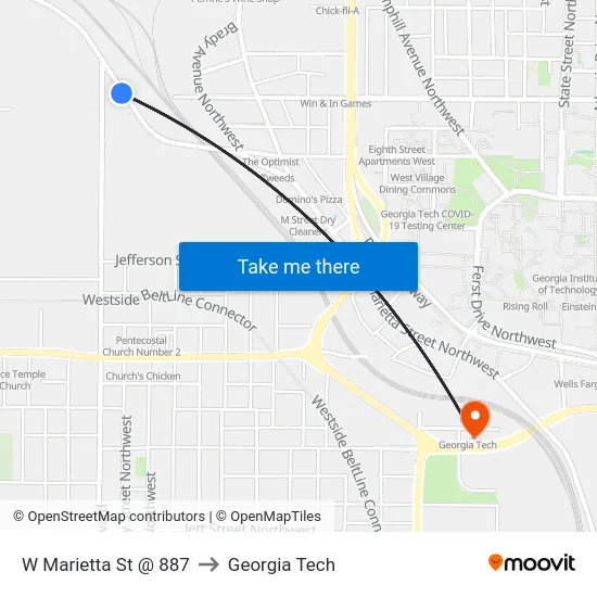 W Marietta St @ 887 to Georgia Tech map