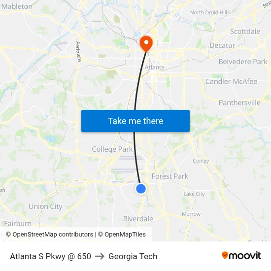 Atlanta S Pkwy @ 650 to Georgia Tech map