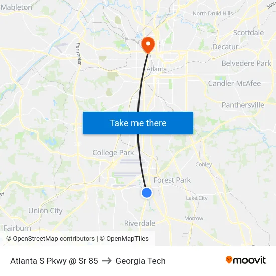 Atlanta S Pkwy @ Sr 85 to Georgia Tech map