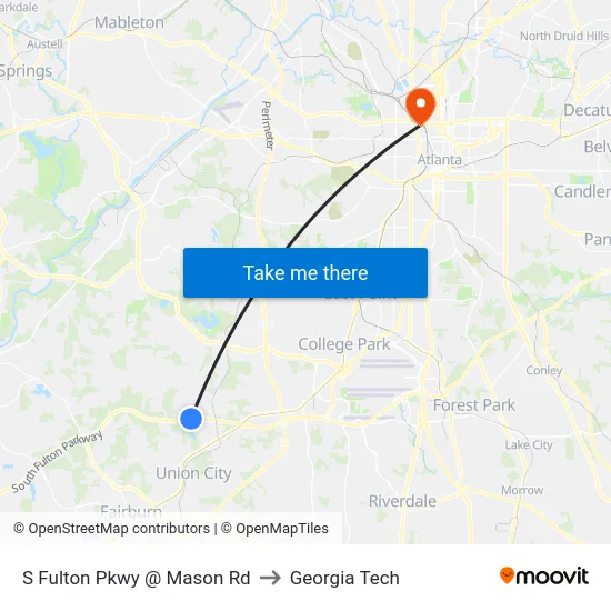 S Fulton Pkwy @ Mason Rd to Georgia Tech map
