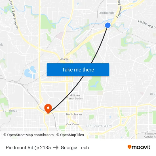 Piedmont Rd @ 2135 to Georgia Tech map