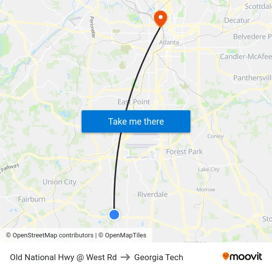 Old National Hwy @ West Rd to Georgia Tech map