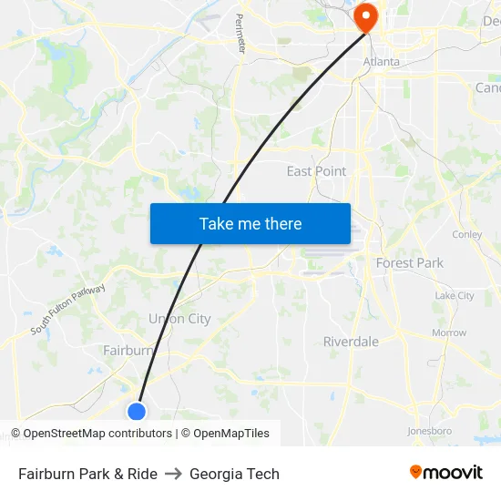 Fairburn Park & Ride to Georgia Tech map