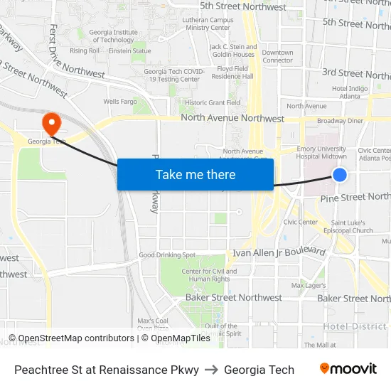 Peachtree St at Renaissance Pkwy to Georgia Tech map