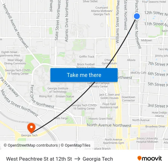 West Peachtree St at 12th St to Georgia Tech map