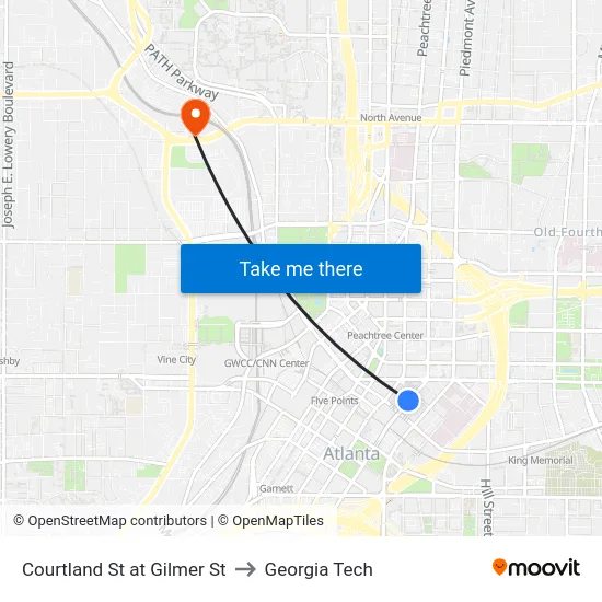 Courtland St at Gilmer St to Georgia Tech map