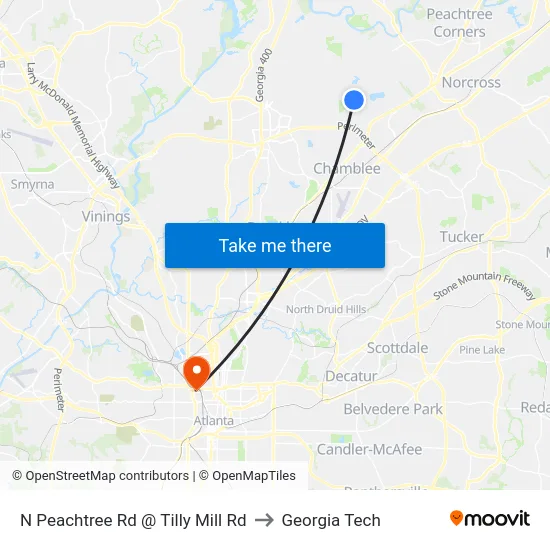 N Peachtree Rd @ Tilly Mill Rd to Georgia Tech map